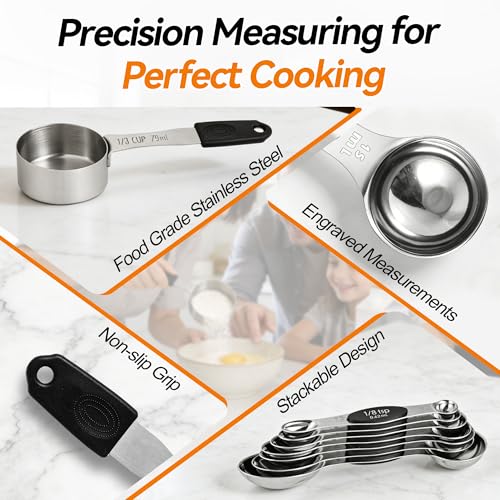 -BINGBING- Magnetic Measuring Cups and Spoons Set of 13, Stainless Steel | 5 Magnetic Cups and 8 Double-Sided Spoons with Leveler, Stackable, Kitchen Gadgets for Cooking and Baking