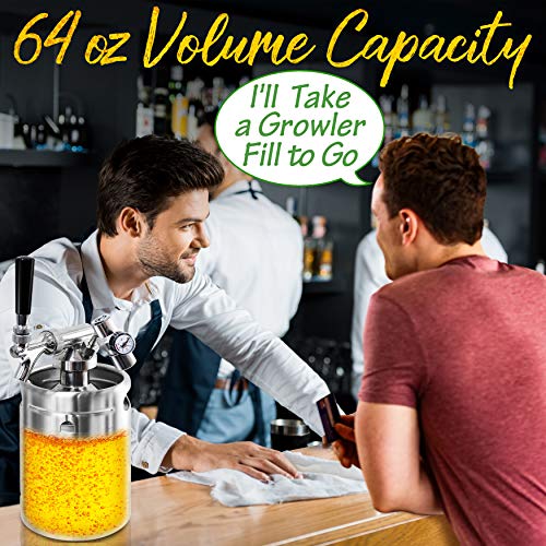 NutriChef Pressurized Beer Mini Keg System, 64oz Stainless Steel Growler Tap, Portable Mini Keg Dispenser Kegerator Kit, Co2 Pressure Regulator Keeps Carbonation for Craft Beer, Draft and Homebrew