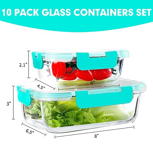VERONES 10Pack Glass Meal Prep Containers, Airtight Glass Lunch Containers,Stackable Glass Food Storage Containers Set with Lids,Exclusive of BPA, for Microwave,Oven, Freezer&Dishwasher Friendly,Green - color: Green