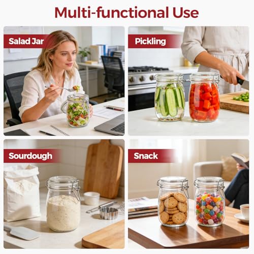 34oz 6 Pack Glass Jars with Airtight Lids - Round Food Storage Canisters for Pantry Organization, Ideal for Sugar, Cookies, Candy, Coffee, Nuts & Dry Goods | Thick Glass,BPA-Free