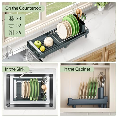 TOOLF Small Dish Drying Rack, Mini Expandable Compact Dish Rack, Slim Extendable Stainless Steel Dish Drainer for Kitchen Countertop, Space Saving Dish Strainer, Dark Slate Gray - color: Dark Slate Gray