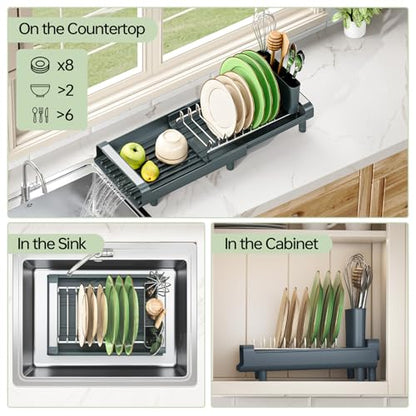TOOLF Small Dish Drying Rack, Mini Expandable Compact Dish Rack, Slim Extendable Stainless Steel Dish Drainer for Kitchen Countertop, Space Saving Dish Strainer, Dark Slate Gray - color: Dark Slate Gray