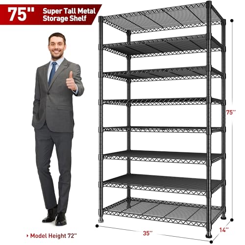 REIBII 8 Tier Metal Shelving 75"H Storage Shelves Tall Wire Shelving Unit Adjustable Detachable Storage Shelves for Laundry Pantry Kitchen Commercial school 1040LBS Storage Rack 75"H X 35"W X 14"D - size: 【8 Tier】75"H X 35"W X 14"D