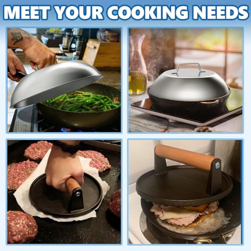 SafBbcue Round Cast Iron Smash Burger Grill Weight Press Tool & Griddle Steamer Melting Dome 12" Round Stainless Steel Basting Cover for Blackstone Griddle, Griddle Food Cover Dome for Flat Top Grills - style: 12In Dome+Round Press