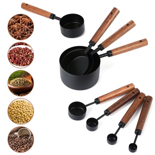 Stainless Steel Measuring Cups Set and Measuring Spoons Wooden Handle Metal Measure Cups and Spoons for Cooking and Baking, 8 Piece - color: Black