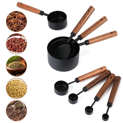 Stainless Steel Measuring Cups Set and Measuring Spoons Wooden Handle Metal Measure Cups and Spoons for Cooking and Baking, 8 Piece - color: Black