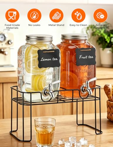 Glass Drink Dispenser for Parties, 1 Gallon Beverage Dispenser with Stand & Stainless Steel Spigot, 2 Pack Lemonade Dispenser with Fruit Filter & stirring spoon, Juice Pitcher for BBQ Picnic Party
