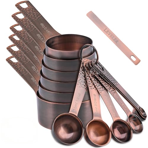 Measuring Cups and Spoons Set 14, Copper Measuring Cups and Spoons Set for Dry & Liquid, Metric & US Stainless Steel 6 Measure Cups and 7 Spoons Set w/Leveler for Kitchen & Baking - color: Copper