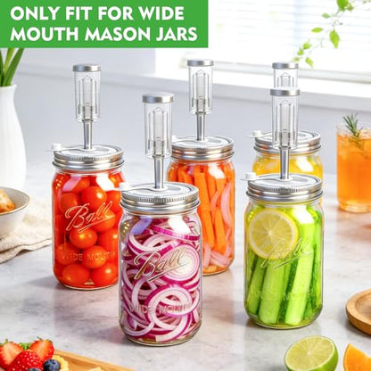 Fermentation Lids for Wide Mouth Mason Jars, 6 Set Fermentation Kit with Date Tracker, Stainless Steel Fermenting Lids with Airlocks, Silicone Rings & Grommets (Jars Not Included)