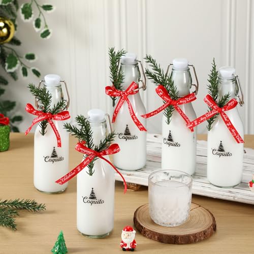 Sieral 12 Pack Christmas Coquito Glass Bottle 8oz Clear Flip Swing Top Beer Brewing Bottles with Ribbon and Artificial Branches for Liquids Wine Christmas Tree Xmas Gifts - style: Plain
