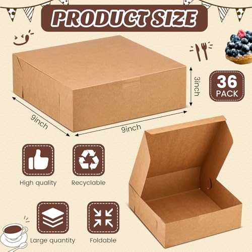 36 Pack Pie Pizza Boxes 9" x 9" x 3" Kraft Square Bakery Boxes for Cookies, Cheesecake, Chocolate Covered Strawberries, Dessert Brown Paper Cardboard Container for Treats - size: 9 x 9 x 3 inches