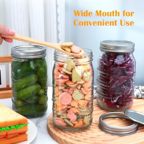32 oz Wide Mouth Mason Jars with Lids and Bands, 12 Pack Clear Glass Canning Jars for Fermenting, Preserving, Quart Size Large Mason Jars for Jam, Pickling, Meal Prep, DIY Crafts