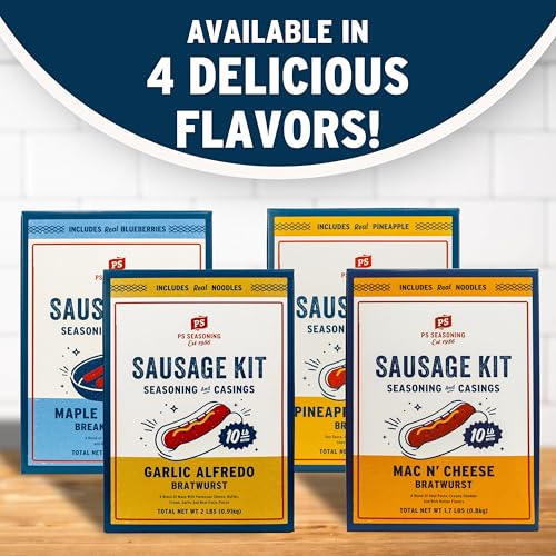 PS Seasoning Cheddar Mac N’ Cheese Bratwurst Kit - Sausage making Seasoning And Natural Hog Casings For 10 Lbs Of Meat Easy Homemade Brats For Pork, Beef, Venison, Wild Game
