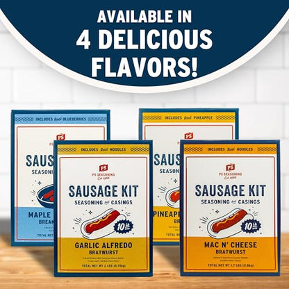 PS Seasoning Cheddar Mac N’ Cheese Bratwurst Kit - Sausage making Seasoning And Natural Hog Casings For 10 Lbs Of Meat Easy Homemade Brats For Pork, Beef, Venison, Wild Game