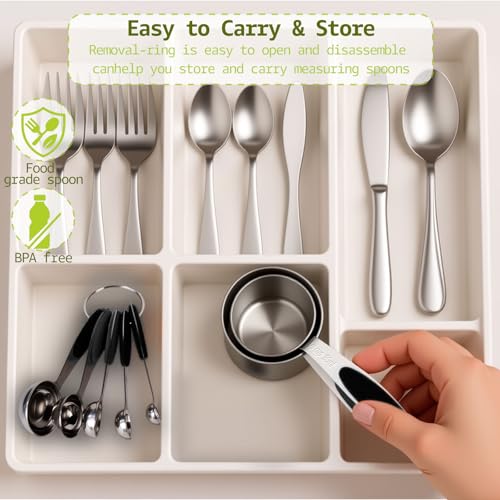 Inmorven 10pcs Measuring Cups and Spoons Set, Nesting Kitchen Stainless Steel Measuring Set for Baking Cooking Dry Liquid Ingredients Upgraded Thickness Handle-Black - color: Stainless Steel+Black