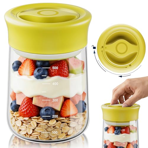 OURCABECUE Wide Mouth Mason Jar 16oz, Newly Upgraded Easy Open Rotating Lid, Food Grade Glass Storage Jar for Overnight Oats Yogurt Snacks Candy Jars - color: Yellow, size: 16OZ