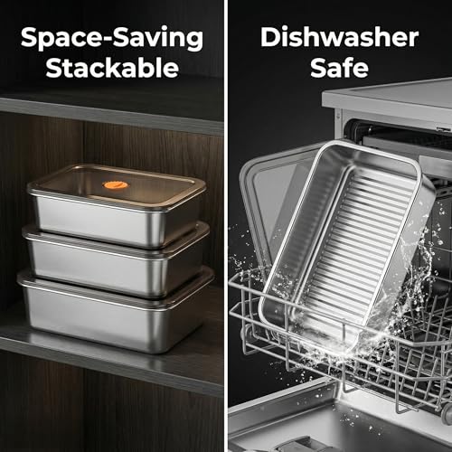 Stainless Steel Food Storage Containers, Silver, Airtight with Vacuum Seal, Stackable Rectangular, 3-Piece Set, BPA-Free Lids, for Meal Prep and Leftovers Storage (deep - 3.3'' Height) - color: Black - 3.3'' Height