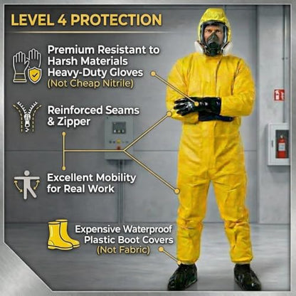 Yellow Hazmat Suit Coveralls for Men and Women, Heavy Duty Full Body Paint Suit with Premium Gloves and Shoe Covers - size: Small