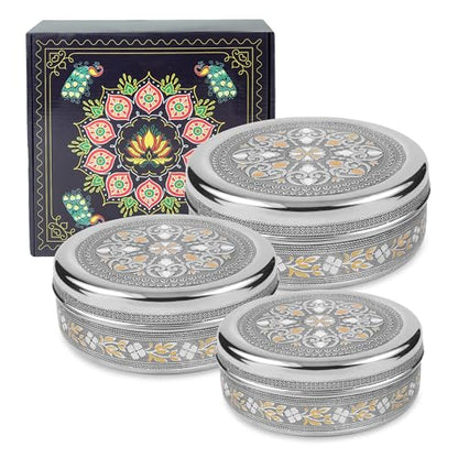 KSJONE Meenakari Designer 3PC Stainless Steel Food Storage Containers with Lids Leakproof, Meal Prep Container Airtight, Kimchi Containers Nestable, Freezer Safe (1100ml, 1700ml & 2300ml)