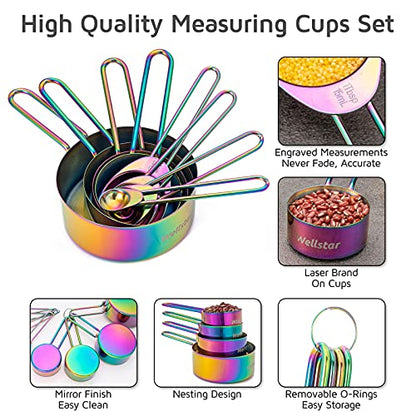 WELLSTAR Measuring Cups and Spoons Set of 8, Food Grade 18/8 Stainless Steel Measure set for Dry Liquid Measurement, Rainbow Titanium Coated Kitchen Gadgets for Cooking Baking, 4 Cup and 4 Spoon