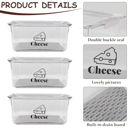 3 Pack Cheese Container Airtight with Draining Basket Cream Block Cheese Sliced Cheeses Box with Lid Saver for Fridge Deli Meat Storage Box,Cheeses Sliced,Grated,Cheddar Keeper - color: Clear - 3 Pack
