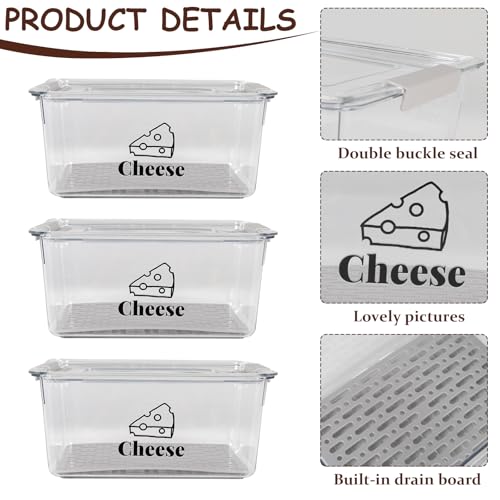 3 Pack Cheese Container Airtight with Draining Basket Cream Block Cheese Sliced Cheeses Box with Lid Saver for Fridge Deli Meat Storage Box,Cheeses Sliced,Grated,Cheddar Keeper - color: Clear - 3 Pack