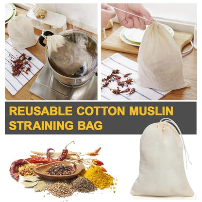 35cm x 25cm, Reusable Cotton Muslin Straining Bag Fine Mesh Food Strainer Filter Bags for Nut Milk Bag Home Brewing, Hop Bags