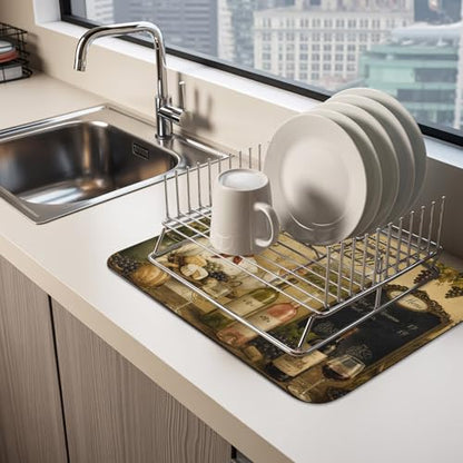Chef Dish Drying Mats for Kitchen Counter, Wine Bottles Grapes Cheese Rustic Farmhouse Absorbent Coffee Bar Mat with Non-slip Rubber Backed Quick Drying Dish Rack Pad 16"x18" - size: 18" x 16"