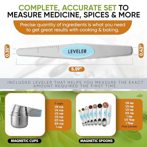 Spring Chef Magnetic Measuring Cups & Spoons Set, Patented, Strong Magnets, Heavy Duty Stainless Steel Fits in Spice Jars for Baking & Cooking, BPA Free, Round Set of 15 with Leveler, Aqua Sky - color: Blue (Aqua Sky), size: Set of 15