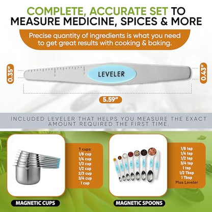 Spring Chef Magnetic Measuring Cups & Spoons Set, Patented, Strong Magnets, Heavy Duty Stainless Steel Fits in Spice Jars for Baking & Cooking, BPA Free, Round Set of 15 with Leveler, Aqua Sky - color: Blue (Aqua Sky), size: Set of 15