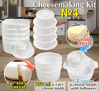 Cheese Making Kit Beginners - 6 pcs Cheese Mold with a Follower Piston + 3 pcs Soft Cheese Molds - Cheese Making Supplies - Moldes Para Queso Fresco Casero - Cream Cheese Form Mold Basket №4