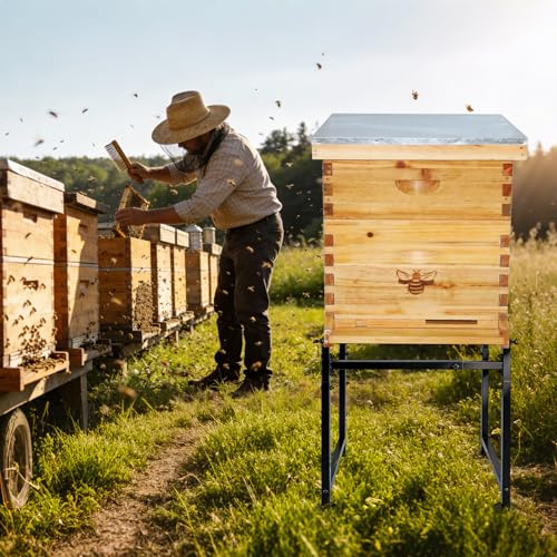 Adjustable Metal Bee Hive Stand, Adjustable Width(15”-25.6”) Beehive Stand for 8 & 10 Frame Beehives, Sturdy Bee Stand with Round Base for Beekeeping