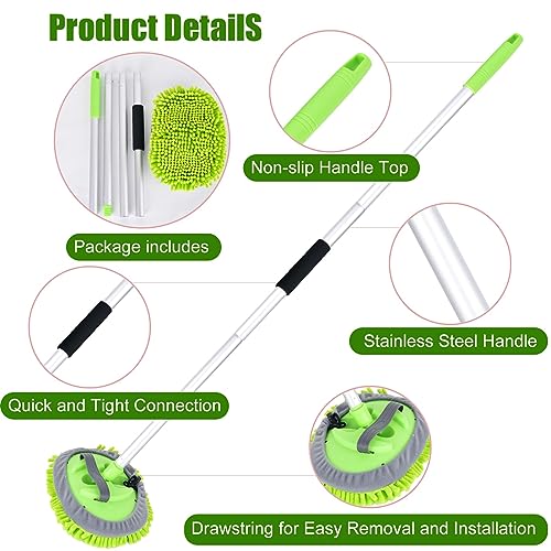 62" Car Wash Brush with Long Handle and Car Wash Brush Microfiber Car Cleaning Brush Kit for Car RV Truck Cleaning 1 Chenille Scratch-Free Replacement Head with Aluminum Alloy Pole (Green) - color: Green