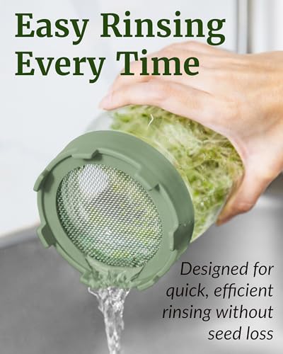 Elementi Sprouting Jar Kit - Set of 2 Wide Mouth Mason Jars with Sprout Lids & Stainless Steel Mesh Screen - Seed Sprouting Kit & Sprout Jars for Growing Broccoli Sprouts, Alfalfa, Mung Bean Sprouter - color: Sage Green Lids & Jars
