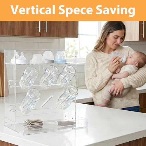 Baby Bottle Drying Rack Space Saving Acrylic Vertical Bottle Dryer Rack with Drip Tray - Clear Kitchen Countertop Storage Organizer–Fast Drying and Easy Cleanup - 10.3 x 6.3 x 10.6 in