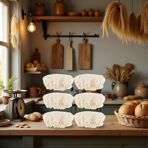 6 Pcs Beige Sourdough Starter Jar Cloth Covers,Cotton Linen Bread Fermentation Cover,Sourdough Starter Jar Kits Replacement,Elastic Cloth Covers Fit Jars Mouth from 3-4 inch Set Canning Lids
