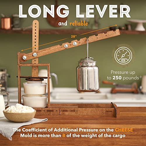 Dutch Wooden Cheese Press - Cheese Making Kit (Wooden Cheese Press with Lever and 2 Cheese Molds 1.2L)-Cheese Press for Home Cheese Making pressure up to 200 lbs