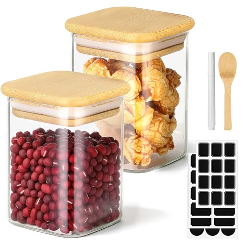 Square Glass Storage Jars, 2 Pack 6 Fl.oz Glass Jars with Bamboo Lids, Clear Spice Canister Stackable Sugar Coffee Containers for Candy Loose Tea Oats - Set Included Labels, Spoon and Marker - color: 2 Pack, size: 6 fl.oz