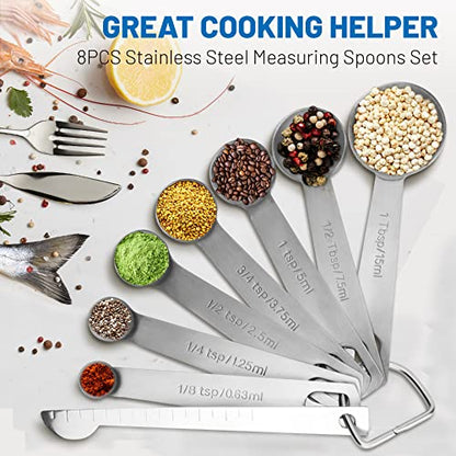 8PCS Measuring Spoons, Premium Heavy Duty Stainless Steel Measuring Spoons Cups Set, Small Tablespoon with Metric and US Measurements, Set of 8 for Measuring Dry and Liquid Ingredients - size: 8PCS
