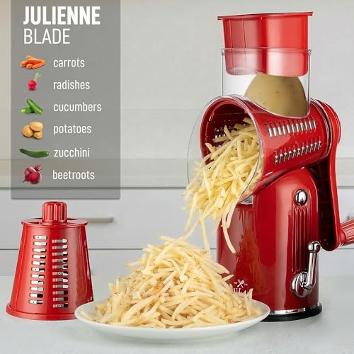 Zulay Kitchen Rotary Cheese Grater 5 Blade Cheese Shredder - Manual Hand Crank Cheese Grater With Reinforced Suction & 5 Interchangeable Drums - Easy to Use, Vegetable Chopper Round Mandoline Slicer - color: Classic | Red