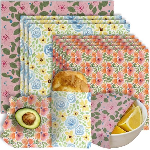 Reusable Beeswax Wraps, Watercolor Floral Wraps, 9 Pack, Sandwich Snack Bowl Bread Cover, Organic Sustainable Zero Waste Plastic-Free Food Storage, 1XL 3M 5S - color: Pink Floral