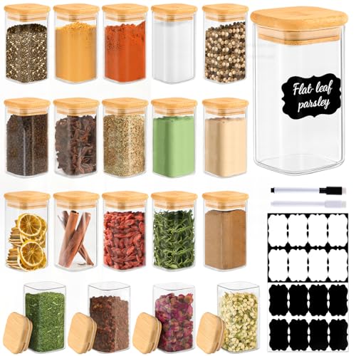 TBWIND 20 Pack 8 oz Square Glass Spice Jars with Lids and Labels – Airtight Small Spice Containers Set, Clear Glass Storage Jars for Seasoning, Spices, Kitchen Pantry Organization - color: Square/8oz/20pcs