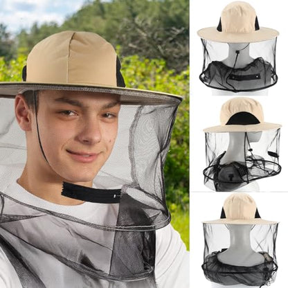 Beekeeping Gloves Hats Set 2 Thick Goatskin Leather Bee Gloves with Ventilated Sleeves and 2 Pack Beekeeping Fencing Veil Mosquito Hats Netting Sun Head Net Hat with Hidden Net Mesh Mask (Set of 2)