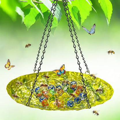 Bee Watering Station for Outside, Hanging Bee Butterfly Feeder for Garden, Metal Butterfly Puddler with Stone Texture Bee Drinking Bowl with Glass Marbles for Outdoors Yard Decor (Hanging-Ellipses) - style: hanging-ellipses