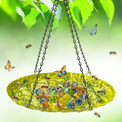 Bee Watering Station for Outside, Hanging Bee Butterfly Feeder for Garden, Metal Butterfly Puddler with Stone Texture Bee Drinking Bowl with Glass Marbles for Outdoors Yard Decor (Hanging-Ellipses) - style: hanging-ellipses
