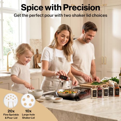 EDELHAUS Glass Spice Jars with Label, 24x Champagne Bronze Steel Lids | Airtight lids keep spices fresh; use as a spice organizer, seasoning containers or 4 oz jar set; funnel, brush & 240 labels - color: Champagne Bronze Stainless Steel Lid