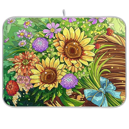Absorbent Dish Drying Mat for Kitchen Counter - Sunflowers Microfiber Drying Pad, Reversible Drainer Mats for Countertop, Small 16" x 18" - color: A#32, size: 16x18(in)x1