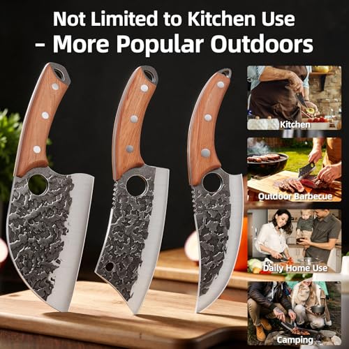 3PCS Butcher Knife Set, Hand Forged Serbian Chef Knives & Meat Cleaver & Viking Knives, Meat Cutting Kitchen Knife Set for Home, Outdoor Cooking, Camping BBQ - color: 3PCS Butcher Knife Set