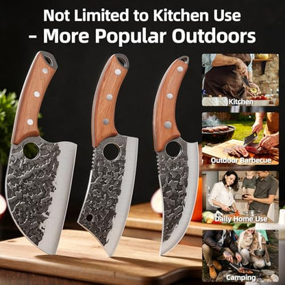 3PCS Butcher Knife Set, Hand Forged Serbian Chef Knives & Meat Cleaver & Viking Knives, Meat Cutting Kitchen Knife Set for Home, Outdoor Cooking, Camping BBQ - color: 3PCS Butcher Knife Set