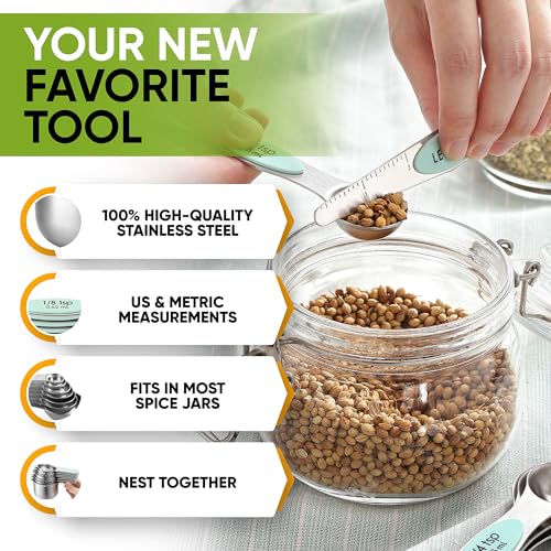Spring Chef Magnetic Measuring Cups & Spoons Set, Patented, Strong N45 Magnets, Heavy Duty Stainless Steel Fits in Spice Jars for Baking & Cooking, BPA Free, Round Set of 15 with Leveler, Mint - color: Mint, size: Set of 15